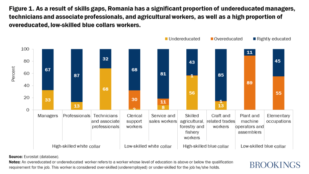 En raison du manque de compétences, la Roumanie compte une proportion importante de cadres, de techniciens et de professionnels associés sous-instruits et de travailleurs agricoles, ainsi qu'une forte proportion de cols bleus suréduqués et peu qualifiés. 