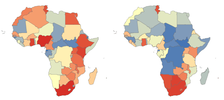 Figure 1. Nombre total d'articles de recherche (à gauche) et d'articles de recherche par habitant (à droite)