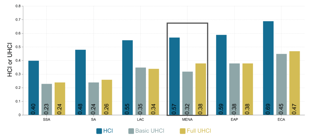 Figure 2. La valeur moyenne de l'ICH dans la région MENA diminue de plus d'un tiers en tenant compte de la proportion de la population en âge de travailler qui a un emploi.
