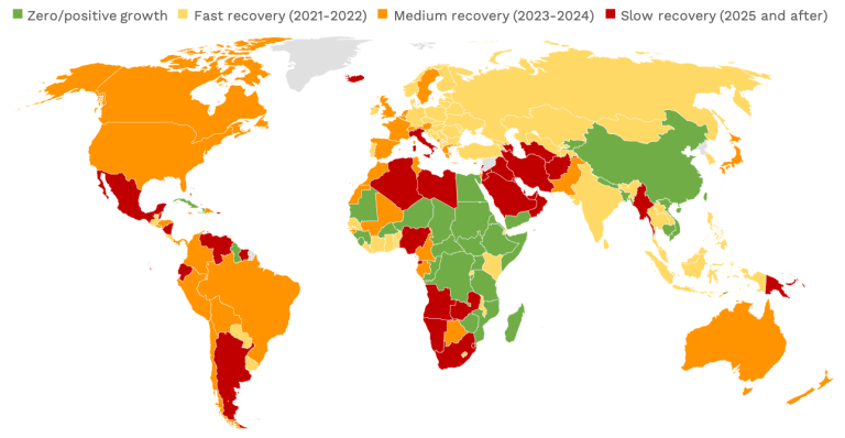 Carte 1. Certaines économies pourraient mettre plus de cinq ans à se remettre du coronavirus