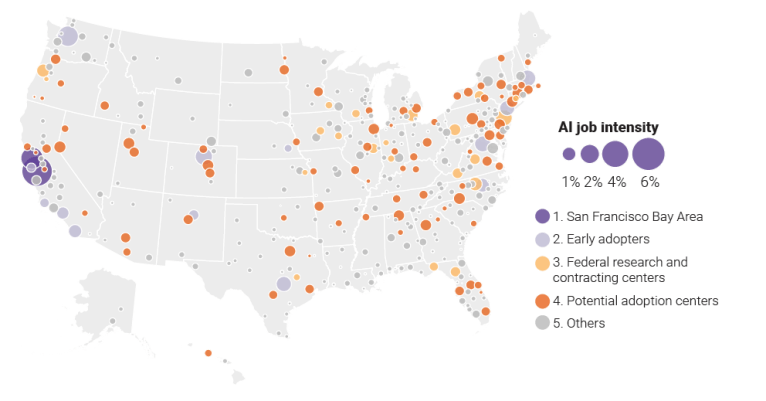 La Bay Area et 13 zones métropolitaines parmi les premiers à adopter dominent l'économie émergente de l'IA du pays