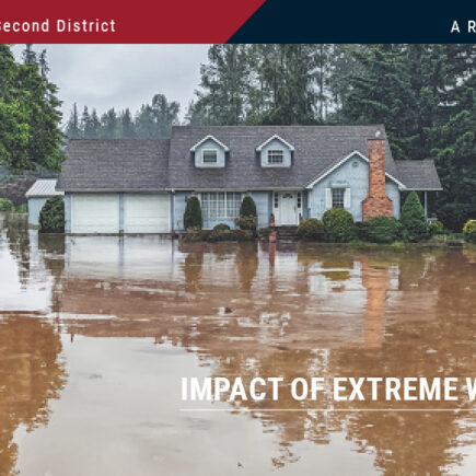Photo of blue house in pine woods area flooded with muddy water up to its front door.