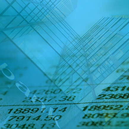 Decorative photo of tall buildings with bank sign and spreadsheet overlay.