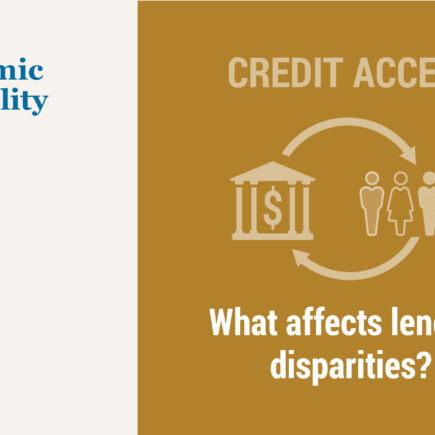 Illustration: Economic Inequality - Credit Access: What affects lending disparities? gold background with ill of a bank building and four people of different races. arrows showing a circular motion between them.
