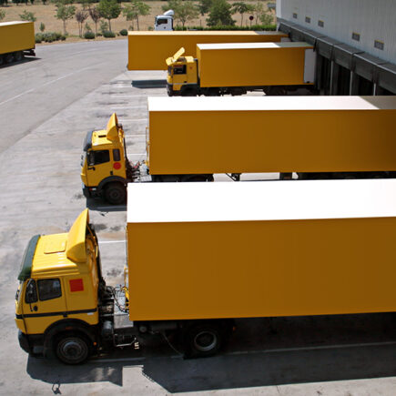Photo: several yellow trucks backed into a loading dock