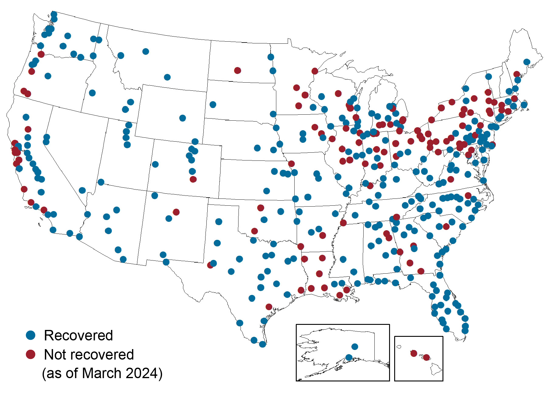 Carte des États-Unis, avec des points bleus indiquant les régions où l'emploi s'est rétabli après la récession pandémique en mars 2024 et des points rouges indiquant celles où ce n'est pas le cas.