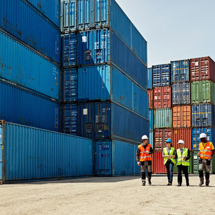 Photo: stacked shipping containers with a few worked in hard hats walking along side.