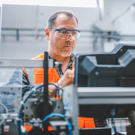 photo: Male industrial worker working with manufacturing equipment in a factory.