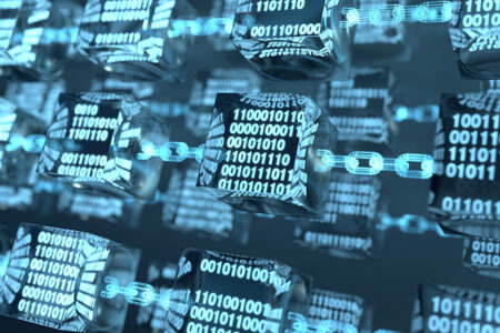 Digital photo illustration of block chain with 000s and 111s.