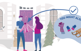 Graphique montrant une personne achetant une veste de neige et à qui on recommande également des bottes et une pelle