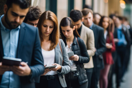 Job candidates standing in line, waiting for their turn to be interviewed for a new position at a corporate company. Shallow field of view.
