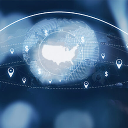 Decorative photo: dark blue background with illustration of two banks with arrows going from one bank to another and dollar signs around a map of the U.S.