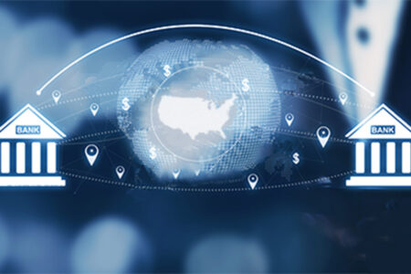 Decorative photo: dark blue background with illustration of two banks with arrows going from one bank to another and dollar signs around a map of the U.S.