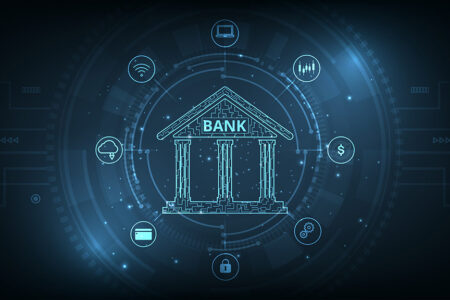 Photo: Online banking technology concept with illustration of bank on electric circuit lines background.