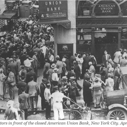 Photo of a group of depositors in front of the closed American Union Bank, New York City, April 26, 1932.