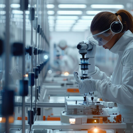 Photo: image of a young woman dressed in white overalls, gloves and safety glasses looking down and working with high-tech equipment in a manufacturing environment.