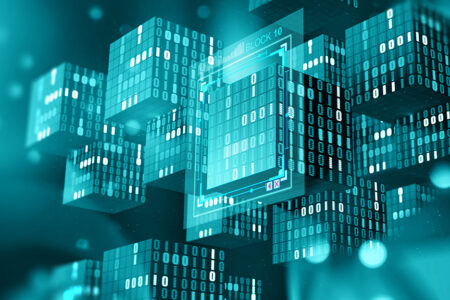 photo illustration of block chain in shades of teal green.