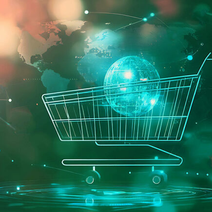 decorative illustration of shopping cart with globe inside.