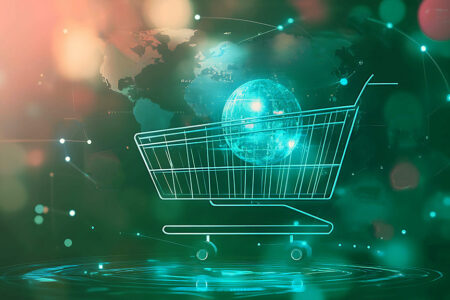 decorative illustration of shopping cart with globe inside.