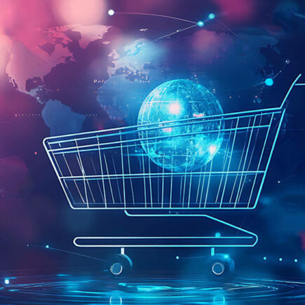 decorative illustration of shopping cart with globe inside.