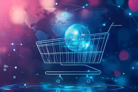 decorative illustration of shopping cart with globe inside.