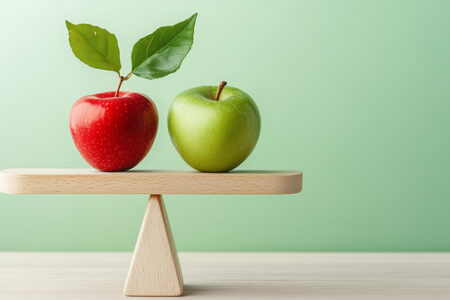Photo of two apples on a seesaw that is horizontally stable; one is red with two bright green leaves sticking up off the stem; the other is a green apple with stem and no leaves. On a light green background.