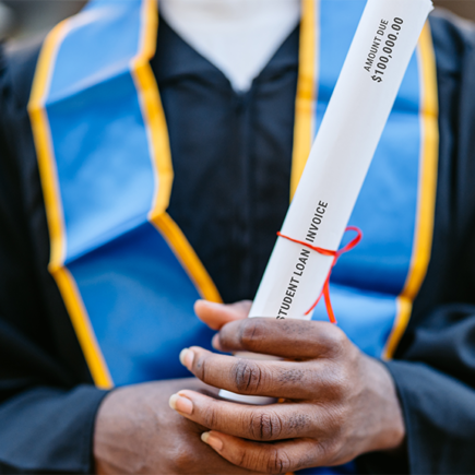 Decorative photo: Young Male Decorative photo: Student In Graduation Gown holding a student loan invoice as the rolled up degree