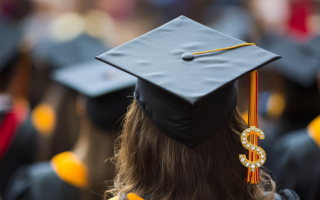 Decorative image: Back of the head image of a young adult with dollar sign bling hanging from the tassle of graduation cap