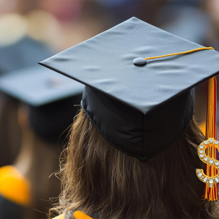 Decorative image: Back of the head image of a young adult with dollar sign bling hanging from the tassle of graduation cap