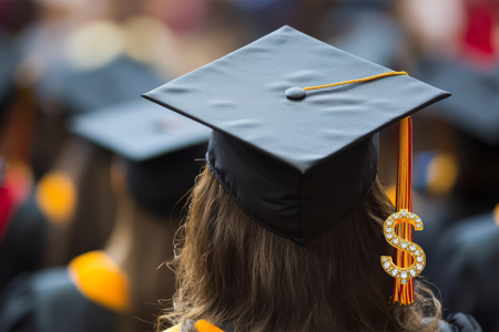 Decorative image: Back of the head image of a young adult with dollar sign bling hanging from the tassle of graduation cap