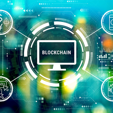 Decorative image: blockchain with spokes including cryptocurrency, mobile $, buy/sell icons. Cryptocurrency fintech theme with big city lights at night.