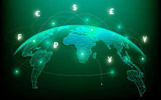 Digital image of world map with currency symbols above it and several dotted lines from one area of the map to another. dark green tone.