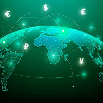 Digital image of world map with currency symbols above it and several dotted lines from one area of the map to another. dark green tone.