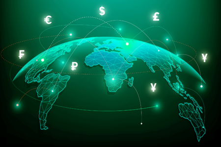 Digital image of world map with currency symbols above it and several dotted lines from one area of the map to another. dark green tone.