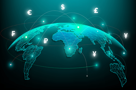 Digital image of world map with currency symbols above it and several dotted lines from one area of the map to another. dark turquoise tone.
