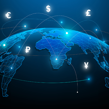 Digital image of world map with currency symbols above it and several dotted lines from one area of the map to another. dark blue tone.