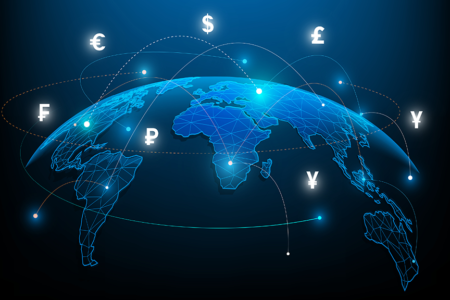 Digital image of world map with currency symbols above it and several dotted lines from one area of the map to another. dark blue tone.
