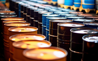 Photo illustration of oil barrels stored in a warehouse. AI generated.