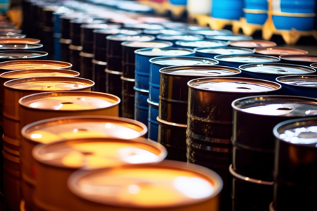 Photo illustration of oil barrels stored in a warehouse. AI generated.