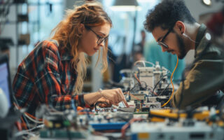 Two young college students, woman and man, working on an engineering project together at a table.
