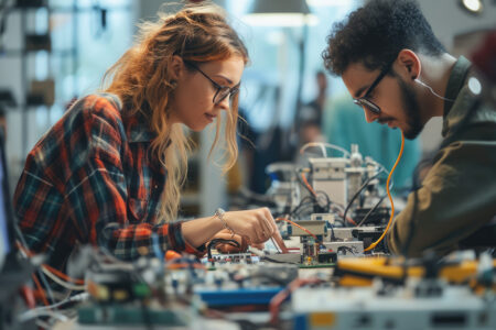 Two young college students, woman and man, working on an engineering project together at a table.