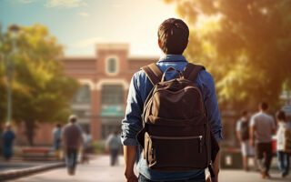 Photoillustration of a college student in the foreground with a backpack. His back is to the viewer. He walking toward a campus building with other students in the distance.