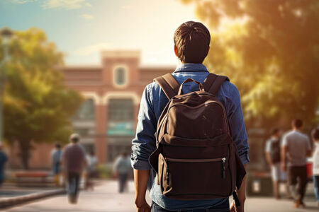 Photoillustration of a college student in the foreground with a backpack. His back is to the viewer. He walking toward a campus building with other students in the distance.