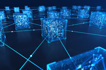 Photoillustration of blockchain in colors of blue.