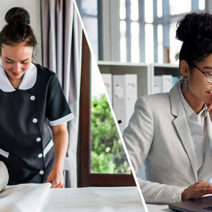Photo: Split screen of Two women working, the first is a Housekeeper cleaning a hotel room. The second is thinking, laptop and typing businesswoman, bank consultant or working on research report, project or solution. Computer, administration analysis and professional person reading online account data.