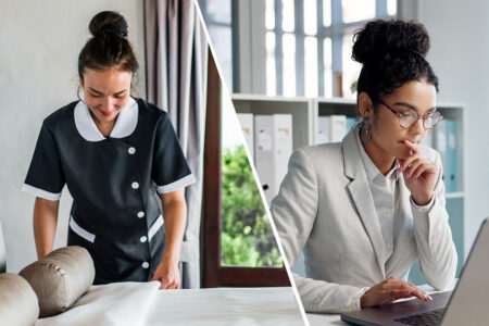 Photo: Split screen of Two women working, the first is a Housekeeper cleaning a hotel room. The second is thinking, laptop and typing businesswoman, bank consultant or working on research report, project or solution. Computer, administration analysis and professional person reading online account data.