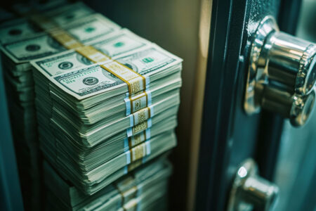 Decorative Photo: Stacks of Hundred Dollar Bills Securely Stored in a Steel Safe for Bank Reserves Concept
