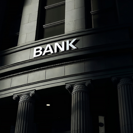 Photo: Imposing bank facade with columns bathed in dramatic light in black setting, conveying shadow banking. Ai generated image.