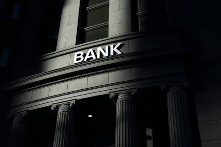 Photo: Imposing bank facade with columns bathed in dramatic light in black setting, conveying shadow banking. Ai generated image.