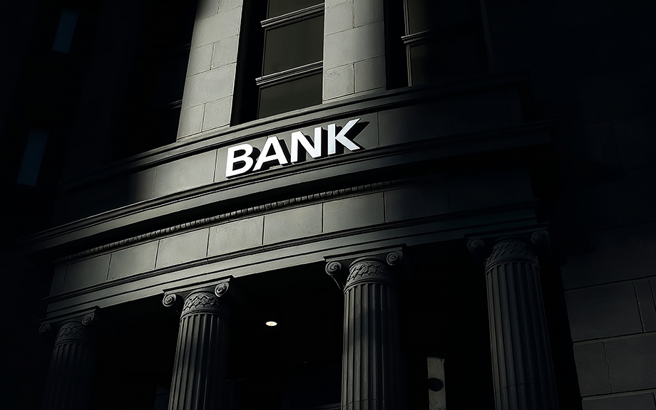 Photo: Imposing bank facade with columns bathed in dramatic light in black setting, conveying shadow banking. Ai generated image.